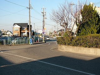 右手にロータリー中央部のつつじの植え込みの端、左手に、やがて二車線道路に出て行くロータリー前の一車線の道。