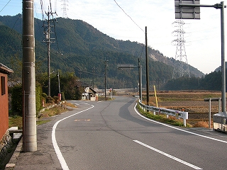 左手には庭や垣根のある家々、右手はかなり広い畑。中央線のない道路。奥には高い緑の山が迫っている。