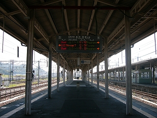 南側の、ほとんど何もない上屋下。まっすぐに背の高い上屋が続いている。