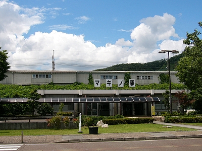 4枚の駅名表示の上方にはホームの壁があり、駅名表示の下に駅舎入口がある。ホームの壁のすぐ下には蔦蔓があふれ、駅前も芝生やつつじの植え込みや木々で緑が多い。