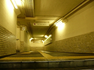 クリーム色の壁と牡蠣色のタイルの通路内。蛍光灯の明かりがクリーム色の壁に反射しているが、どことなく暗い。