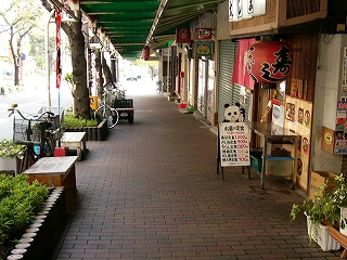 アーケードの下。左手に道路、右手に少し古そうな飲食店。