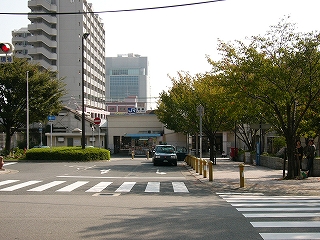 右手に並木。道の突き当たりには駅舎の右側だけが見えている。