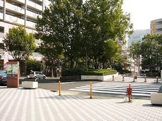 南出口改札を出てほぼ正面を見た光景。ロータリー中心部への短い横断歩道。