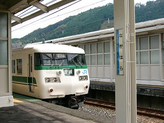 白地に緑のラインの入った列車の先頭車