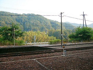 下り線ホームの終わりを向かいのホームから見て。線路に並行している道路がちらっと見え、そのガードレールの向こうは河原の緑が広がる。さらに奥はまた山。