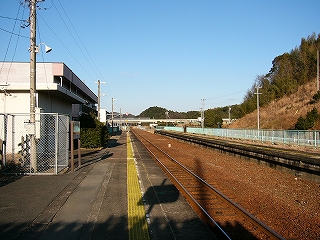 二線分の線路内と長い両ホーム。左手のホームの脇には四角い建物。