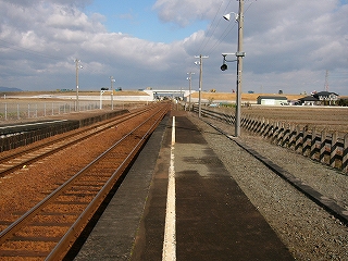 左手に線路内、右手に冬の田。上屋のないホームがまっすぐに伸びる。