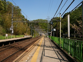 線路内とホーム。あたりは緑に包まれていて、山の中といった雰囲気。