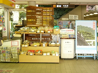 並べられた土産。横に大きなポスター。