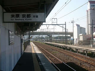 左に簡易な白い壁と波板の屋根に囲まれた空間から、茶色のバラスとの線路内と隣の屋根のないホームの延びゆくのを眺める。ずっと向こうには車道が線路を跨いでいるのが見える。