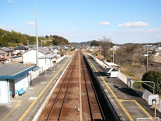まっすぐに伸びるホームと線路内。右手に冬枯れの木々。