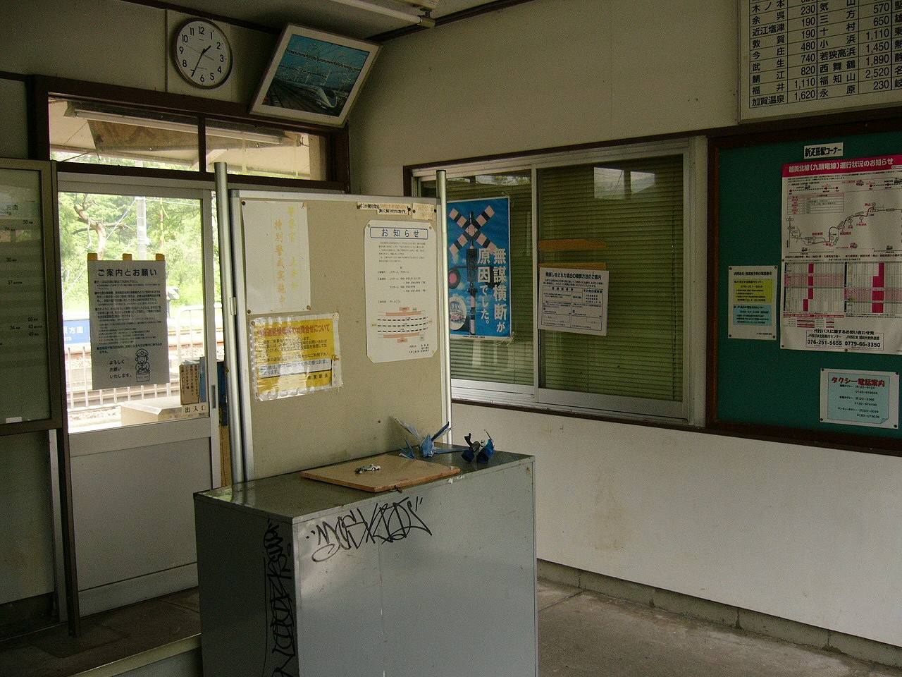 鼠色のロッカー、白いパネル、くすんだ黄緑のブラインドに閉ざされた窓口