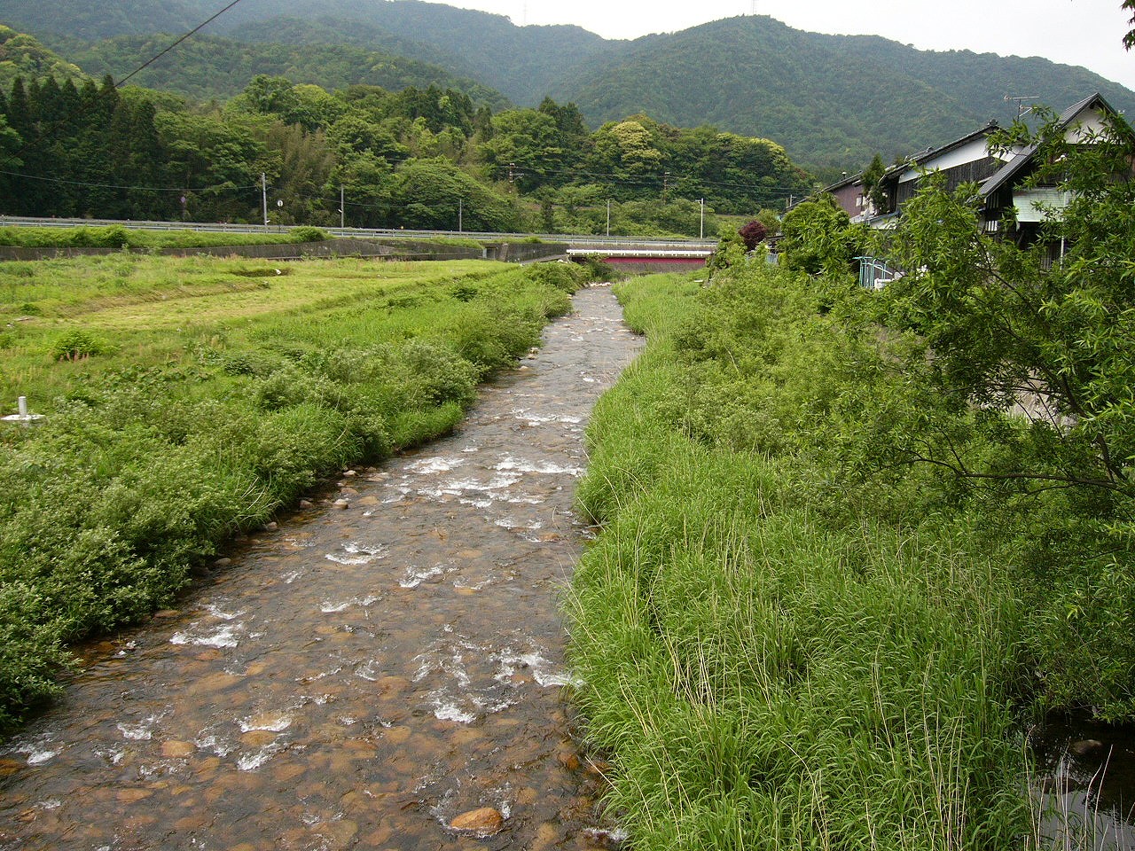 左岸に田、右岸に集落がある川