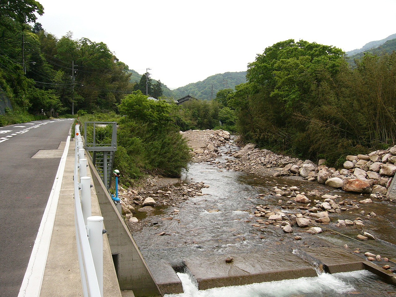 左に道路右にコンクリートで整備された河原