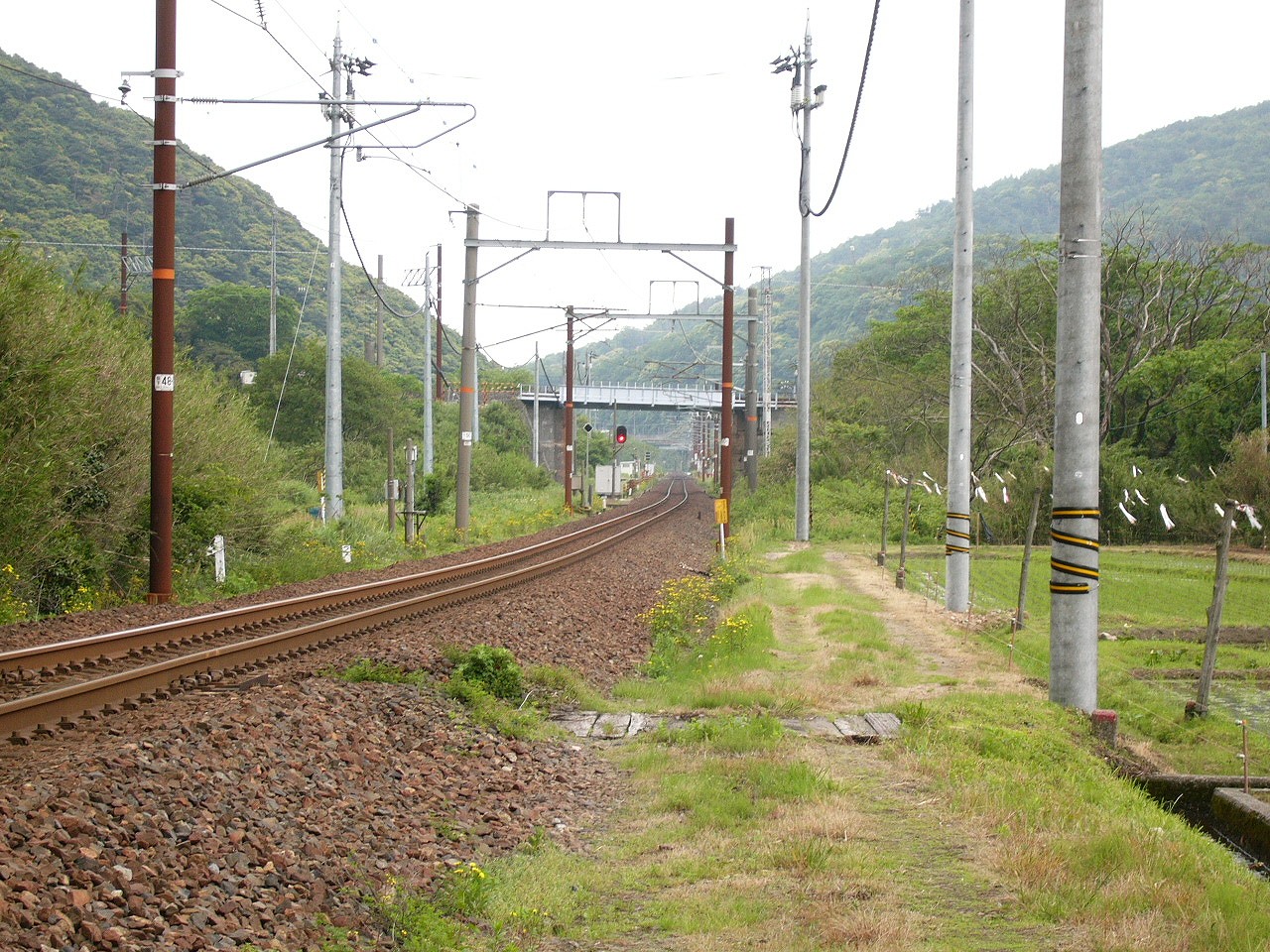 下りながらまっすぐに延びる線路。田を囲むようにして終わった農道。