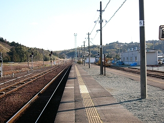 左手に線路内、右手には真中の部分が舗装されていないホーム。ホームの中央には電信柱が並ぶ。