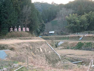 開墾された山の谷。薄茶の枯れ草で覆われている。