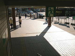 階段半ばから振り返って。小ぶりのタイル石を敷き詰めた地平の部分に屋根が大きな影を作っている。