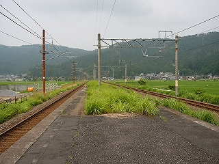 手前がアスファルトのホームでその置くが草の茂るホーム。