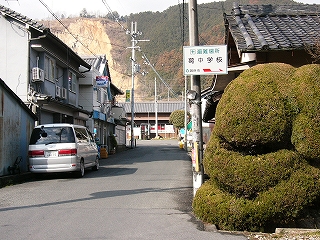 駅への道路。右手に民家の立派な植え込み。