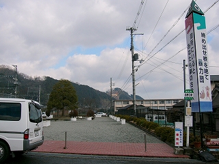 砂利の広場。中央に背の高い木が一本植えられている。